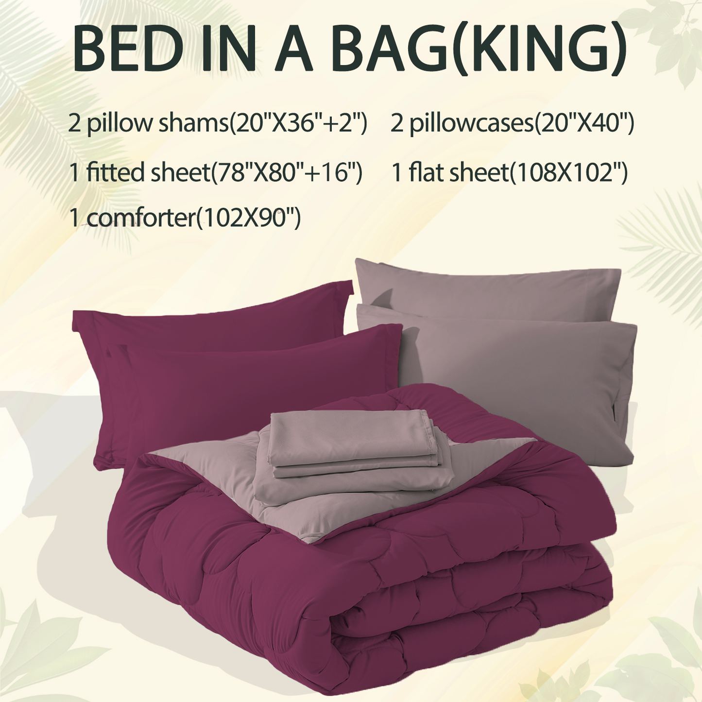 Bedtreat Bedding Comforter Sets,7-Pieces Reversible Bedding Sets,Bed in a Bag with Comforter, Flat Sheet and Fitted Sheet, Pillowcases & Shams,Burnished Lilac/Amaranth