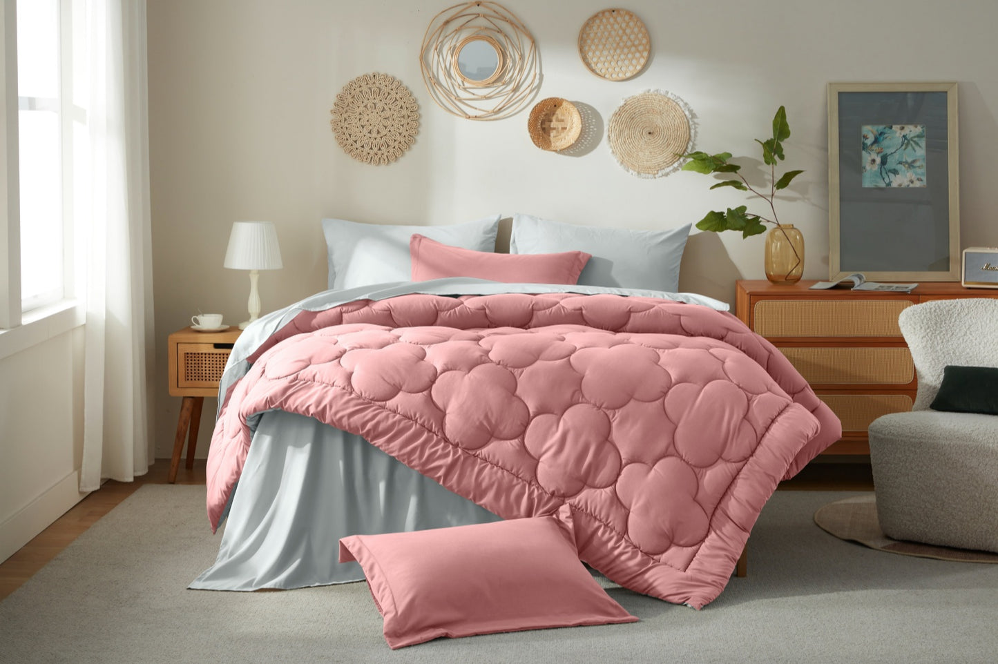 Bedtreat Bedding Comforter Sets,7-Pieces Reversible Bedding Sets,Bed in a Bag with Comforter, Flat Sheet and Fitted Sheet, Pillowcases & Shams,Pink/Light Gray