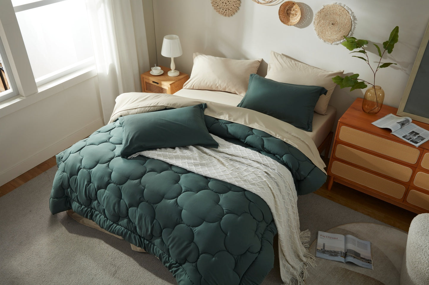 Bedtreat Bedding Comforter Sets,7-Pieces Reversible Bedding Sets,Bed in a Bag with Comforter, Flat Sheet and Fitted Sheet, Pillowcases & Shams,Green/Milky Coffee
