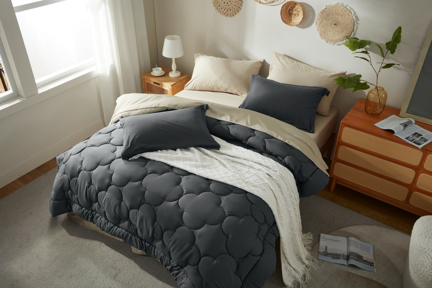 Bedtreat Bedding Comforter Sets,7-Pieces Reversible Bedding Sets,Bed in a Bag with Comforter, Flat Sheet and Fitted Sheet, Pillowcases & Shams,Black/Milky Coffee
