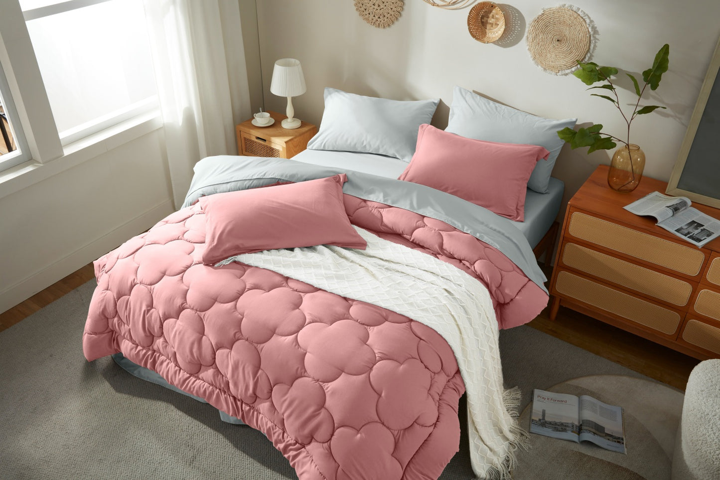 Bedtreat Bedding Comforter Sets,7-Pieces Reversible Bedding Sets,Bed in a Bag with Comforter, Flat Sheet and Fitted Sheet, Pillowcases & Shams,Pink/Light Gray