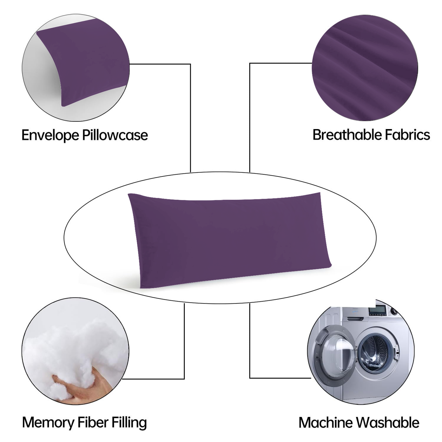 BedTreat Full Body Pillow Insert with Pillowcase for Adults,Long&Fluffy Pillow for Side Sleeper,Soft&Breathable (20X54,Purple)