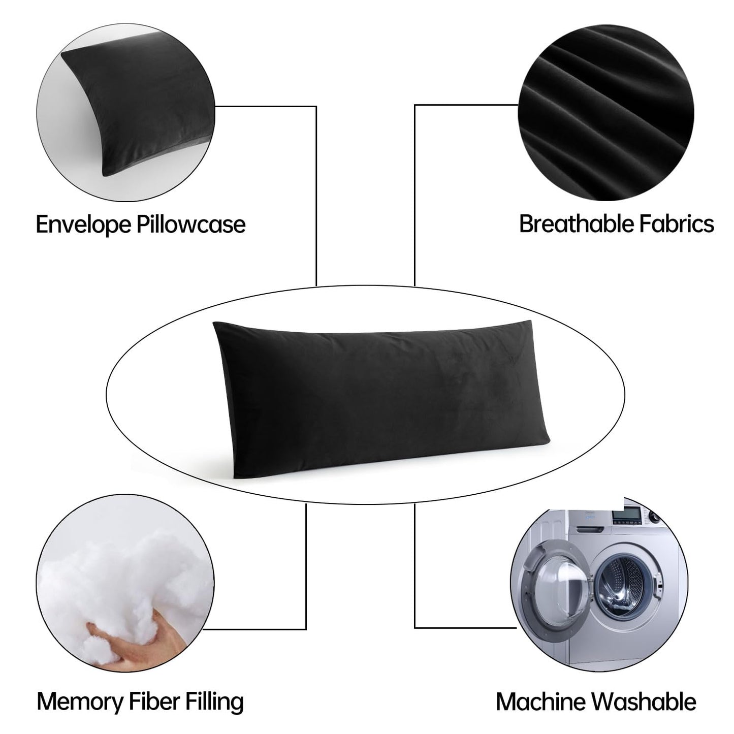 BedTreat Full Body Pillow Insert with Pillowcase for Adults,Long&Fluffy Pillow for Side Sleeper,Soft&Breathable (20X54,Black)