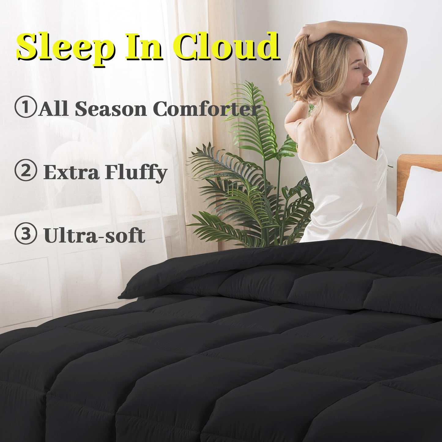 BedTreat Down Alternative Comforter with Corner Tabs - All Season Quilted 240 GSM Black Comforter, Machine Washable Microfiber Bedding