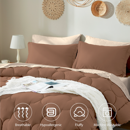 Bedtreat Comforter Sets,7-Pieces Reversible Bedding Sets,Bed in a Bag with Comforter, Flat Sheet and Fitted Sheet, Pillowcases & Shams,Coffee/Sand Dollar