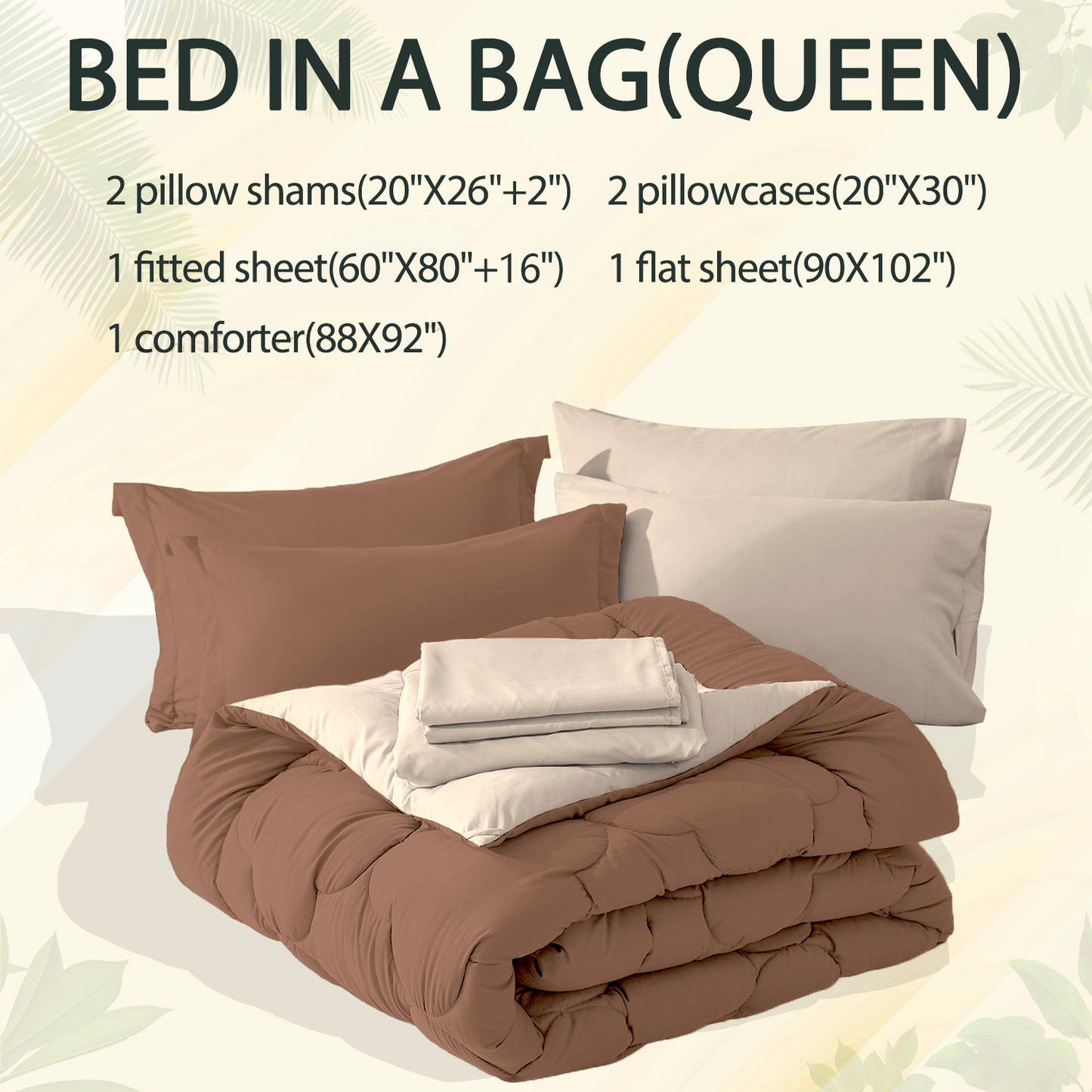 Bedtreat Comforter Sets，7-Pieces Reversible Bedding Sets，Bed in a Bag with Comforter， Flat Sheet and Fitted Sheet, Pillowcases & Shams，Coffee/Sand Dollar