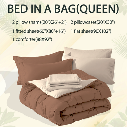 Bedtreat Comforter Sets，7-Pieces Reversible Bedding Sets，Bed in a Bag with Comforter， Flat Sheet and Fitted Sheet, Pillowcases & Shams，Coffee/Sand Dollar