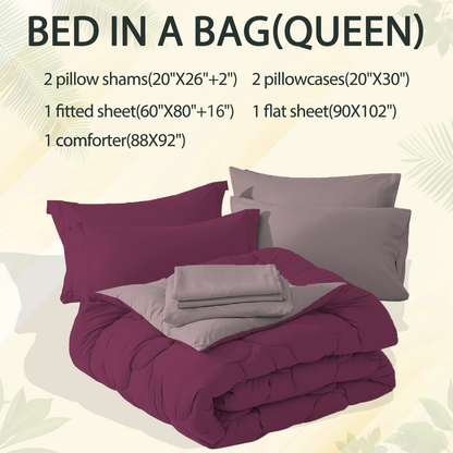 Bedtreat Bedding Comforter Sets，7-Pieces Reversible Bedding Sets，Bed in a Bag with Comforter， Flat Sheet and Fitted Sheet, Pillowcases & Shams，Burnished Lilac/Amaranth