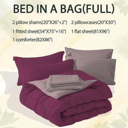 Bedtreat Bedding Comforter Sets，7-Pieces Reversible Bedding Sets，Bed in a Bag with Comforter， Flat Sheet and Fitted Sheet, Pillowcases & Shams，Burnished Lilac/Amaranth