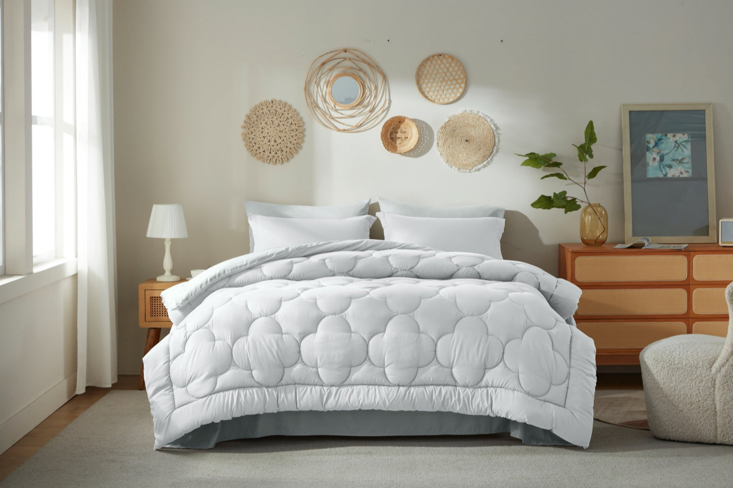 Bedtreat Bedding Comforter Sets，7-Pieces Reversible Bedding Sets，Bed in a Bag with Comforter， Flat Sheet and Fitted Sheet, Pillowcases & Shams，White/Light Gray