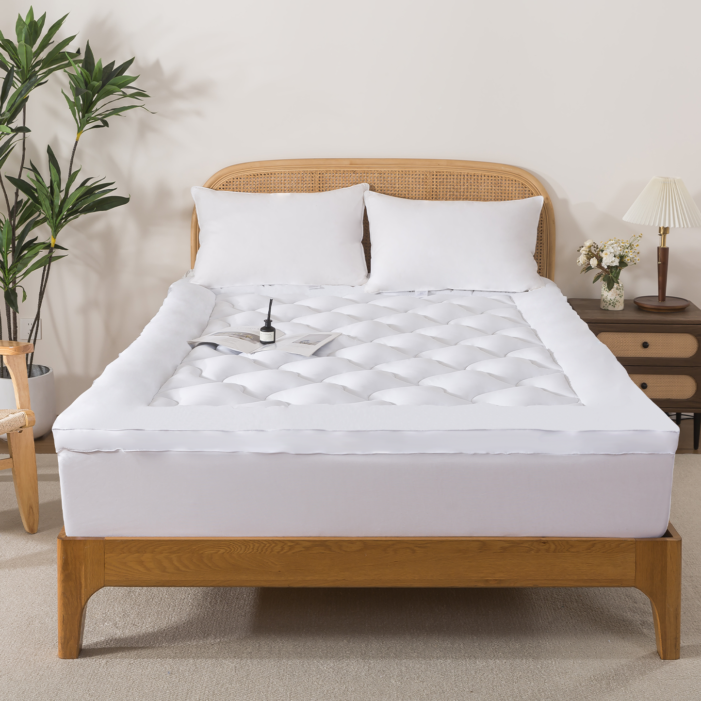 BedTreat 2" Mattress Topper for Back Pain, Breathable Mattress Pad Cover,Wave Diamond Quilted Mattress Protector Cover with 8-21" Deep Elastic Pocket