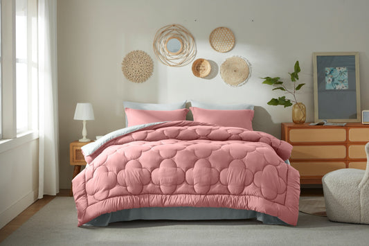 Bedtreat Bedding Comforter Sets，7-Pieces Reversible Bedding Sets，Bed in a Bag with Comforter， Flat Sheet and Fitted Sheet, Pillowcases & Shams，Pink/Light Gray
