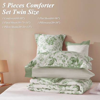 Bedtreat Comforter Sets,7-Pieces Reversible Bedding Sets,Bed in a Bag with Comforter,Flat Sheet and Fitted Sheet,Pillowcases & Shams,Lisse,Tulip Sea