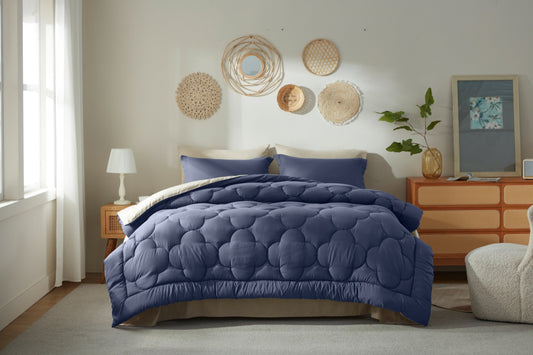 Bedtreat Bedding Comforter Sets，7-Pieces Reversible Bedding Sets，Bed in a Bag with Comforter， Flat Sheet and Fitted Sheet, Pillowcase & Sham，Navy Blue/Milky Coffee