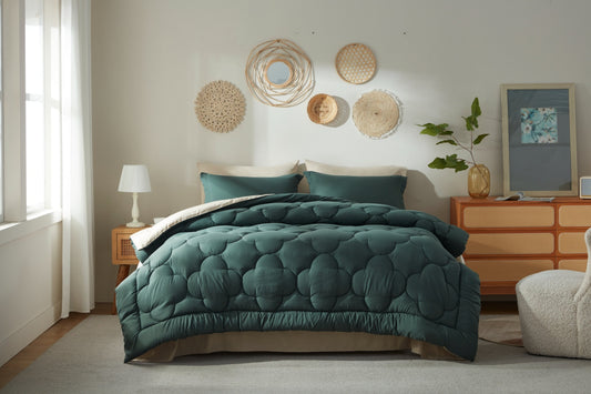 Bedtreat Bedding Comforter Sets，7-Pieces Reversible Bedding Sets，Bed in a Bag with Comforter， Flat Sheet and Fitted Sheet, Pillowcases & Shams，Green/Milky Coffee