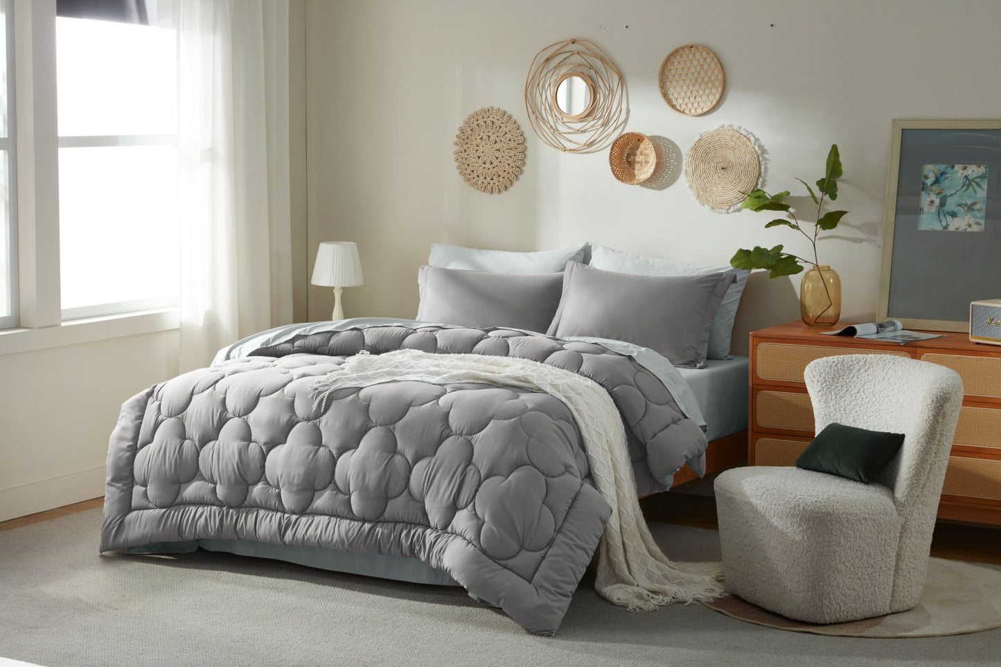 Bedtreat Bedding Comforter Sets，7-Pieces Reversible Bedding Sets，Bed in a Bag with Comforter， Flat Sheet and Fitted Sheet, Pillowcase & Sham，Dark Gray/Light Gray