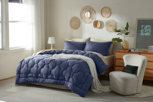 Bedtreat Bedding Comforter Sets，7-Pieces Reversible Bedding Sets，Bed in a Bag with Comforter， Flat Sheet and Fitted Sheet, Pillowcase & Sham，Navy Blue/Milky Coffee