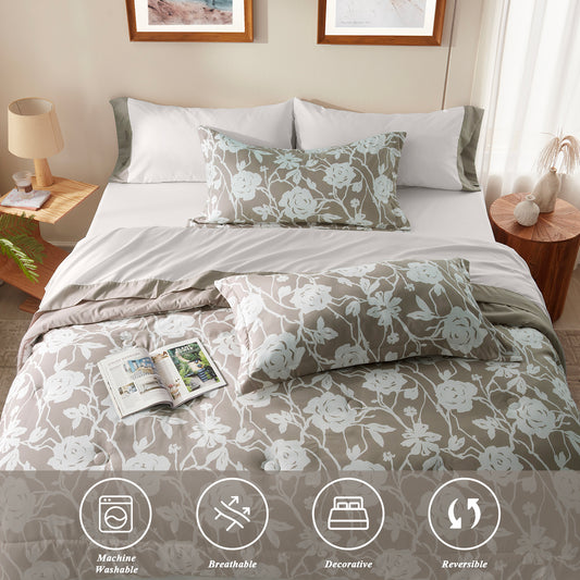 Bedtreat Comforter Sets,7-Pieces Reversible Bedding Sets,Bed in a Bag with Comforter,Flat Sheet and Fitted Sheet,Pillowcases & Shams,Shangri-La,Cobblestone