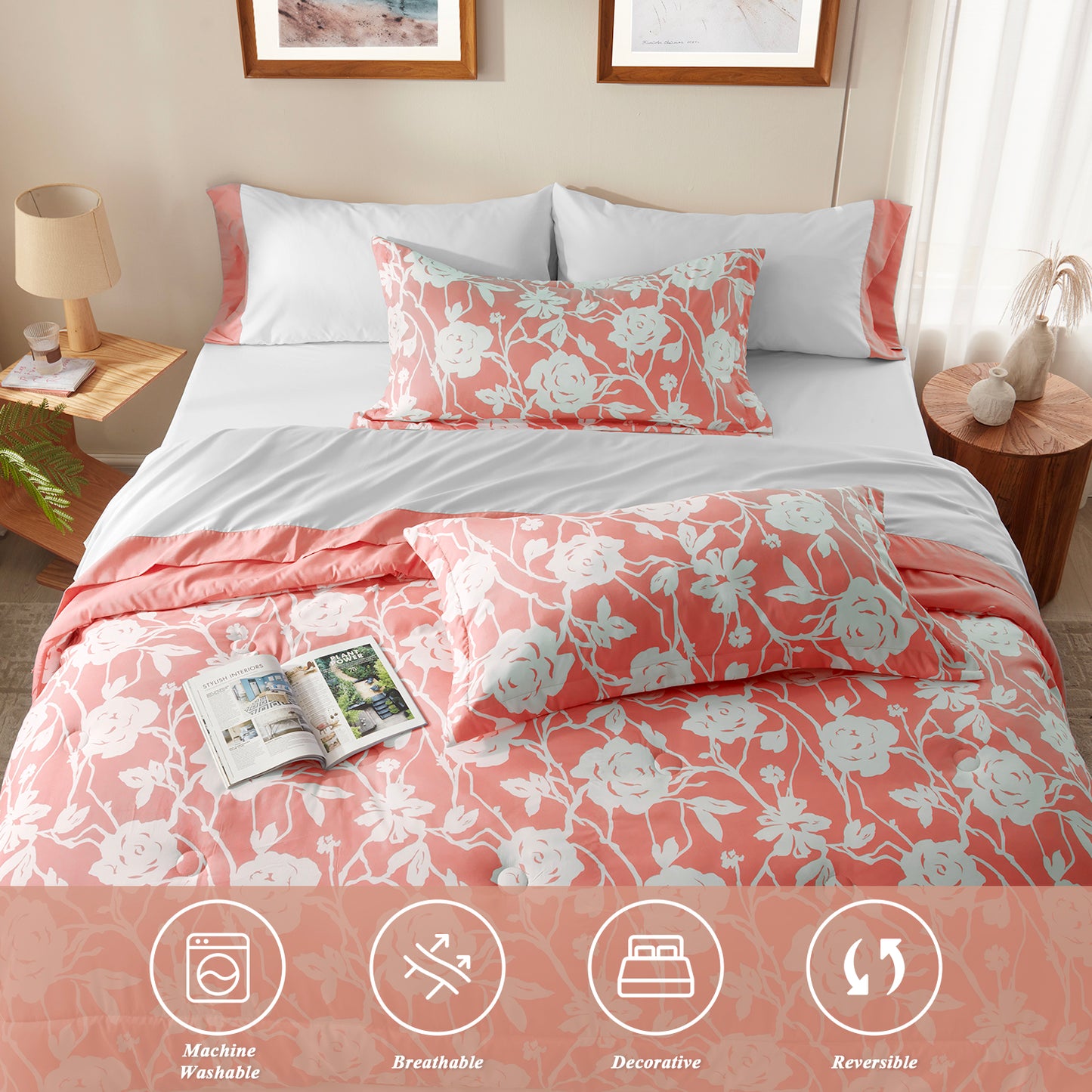 Bedtreat Comforter Sets,7-Pieces Reversible Bedding Sets,Bed in a Bag with Comforter,Flat Sheet and Fitted Sheet,Pillowcase & Sham,Shangri-La,Honeyed Apricot