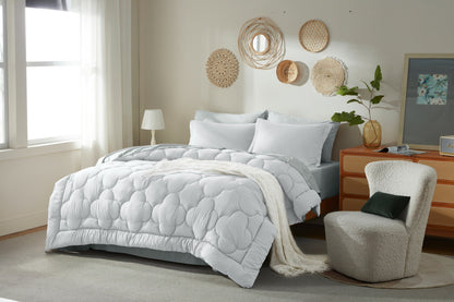 Bedtreat Bedding Comforter Sets，7-Pieces Reversible Bedding Sets，Bed in a Bag with Comforter， Flat Sheet and Fitted Sheet, Pillowcases & Shams，White/Light Gray