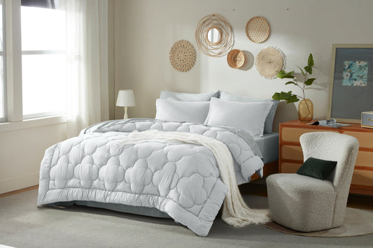 Bedtreat Bedding Comforter Sets，7-Pieces Reversible Bedding Sets，Bed in a Bag with Comforter， Flat Sheet and Fitted Sheet, Pillowcases & Shams，White/Light Gray