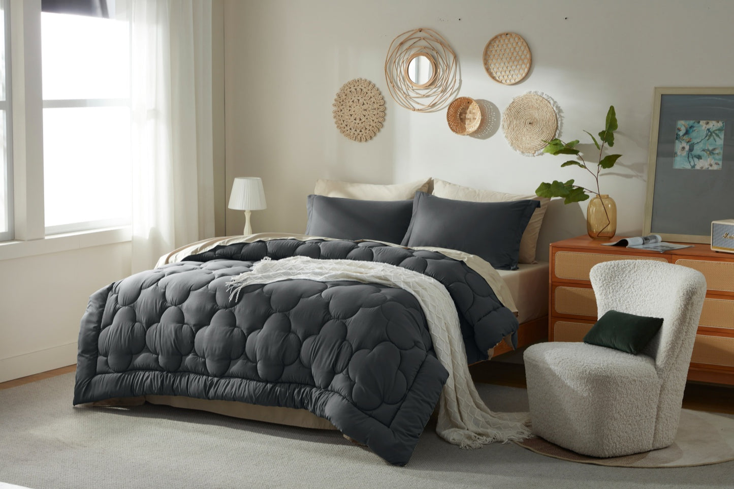 Bedtreat Bedding Comforter Sets，7-Pieces Reversible Bedding Sets，Bed in a Bag with Comforter， Flat Sheet and Fitted Sheet, Pillowcases & Shams，Black/Milky Coffee