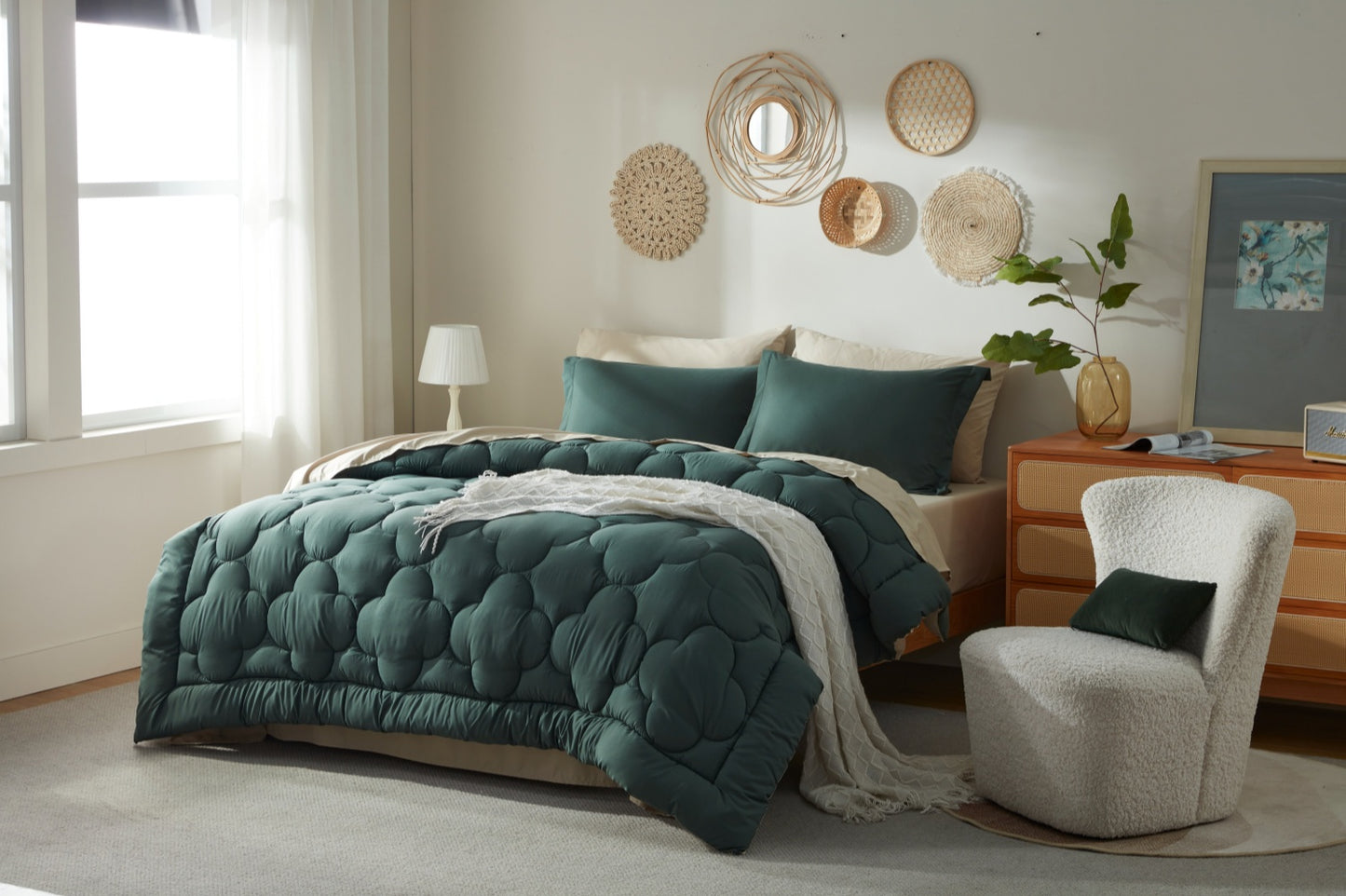 Bedtreat Bedding Comforter Sets，7-Pieces Reversible Bedding Sets，Bed in a Bag with Comforter， Flat Sheet and Fitted Sheet, Pillowcases & Shams，Green/Milky Coffee