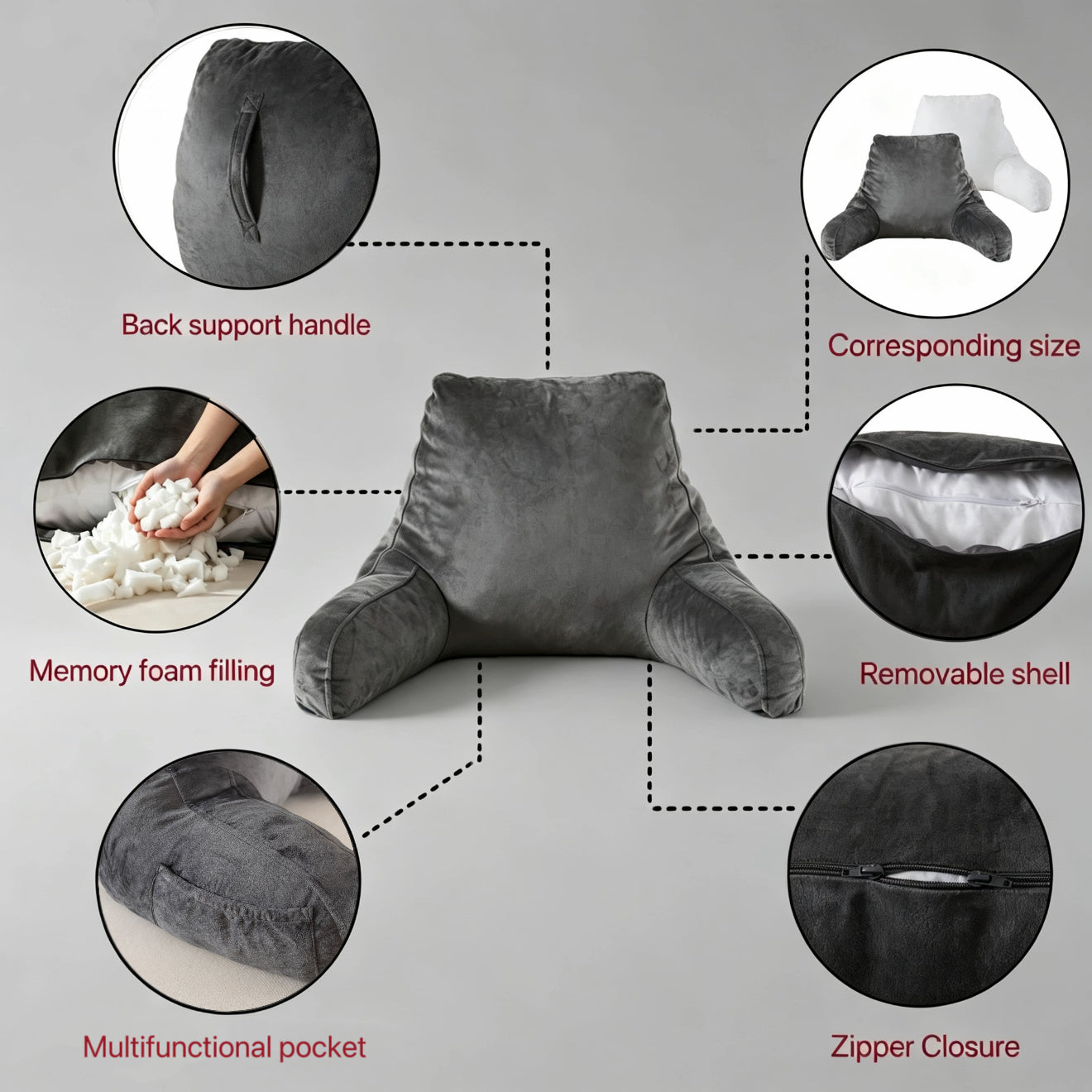 Bedtreat Backrest Reading Pillow, Back Support Pillow with Handrail, Detachable on Both Sides, Specially Designed for Reading and Relaxation（Silver)
