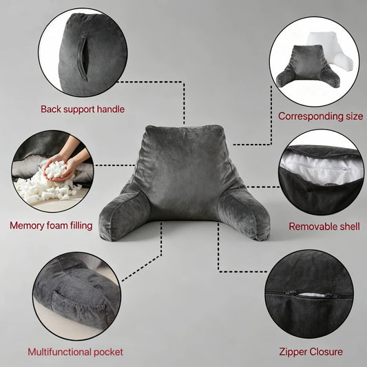 Bedtreat Backrest Reading Pillow, Back Support Pillow with Handrail, Detachable on Both Sides, Specially Designed for Reading and Relaxation（Silver)