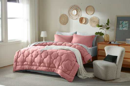 Bedtreat Bedding Comforter Sets，7-Pieces Reversible Bedding Sets，Bed in a Bag with Comforter， Flat Sheet and Fitted Sheet, Pillowcases & Shams，Pink/Light Gray