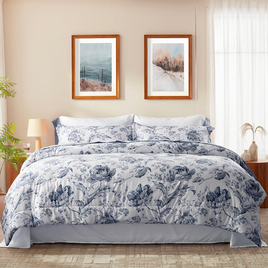 Bedtreat Comforter Sets,7-Pieces Reversible Bedding Sets,Bed in a Bag with Comforter,Flat Sheet and Fitted Sheet,Pillowcases & Shams,Lisse,Blue Mirage
