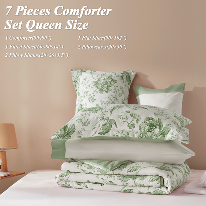 Bedtreat Comforter Sets,7-Pieces Reversible Bedding Sets,Bed in a Bag with Comforter,Flat Sheet and Fitted Sheet,Pillowcases & Shams,Lisse,Tulip Sea