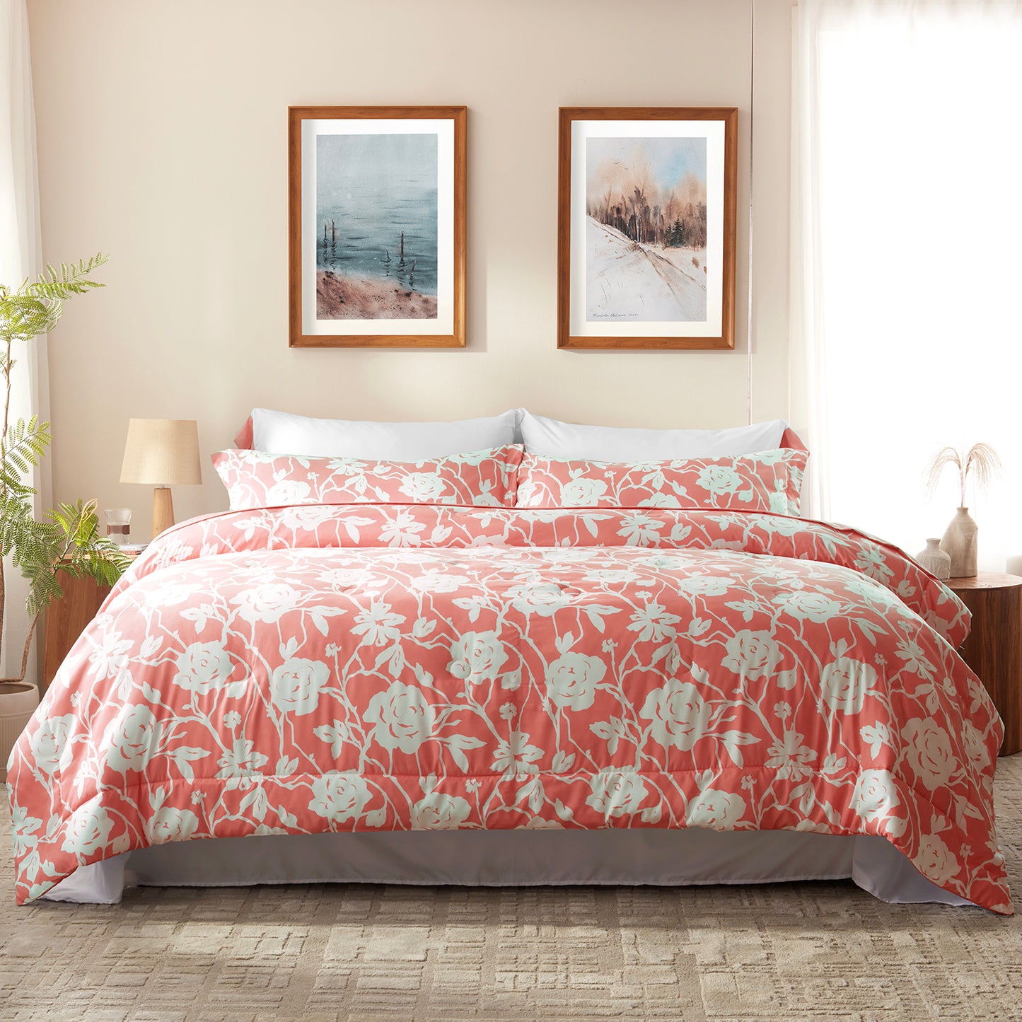 Bedtreat Comforter Sets,7-Pieces Reversible Bedding Sets,Bed in a Bag with Comforter,Flat Sheet and Fitted Sheet,Pillowcase & Sham,Shangri-La,Honeyed Apricot