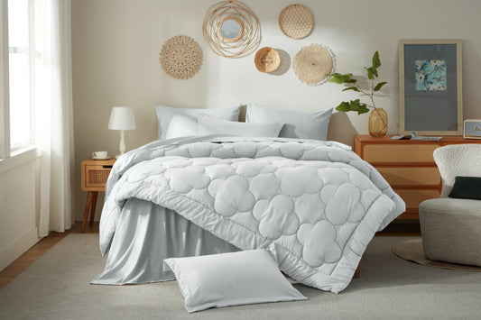 Bedtreat Bedding Comforter Sets，7-Pieces Reversible Bedding Sets，Bed in a Bag with Comforter， Flat Sheet and Fitted Sheet, Pillowcases & Shams，White/Light Gray