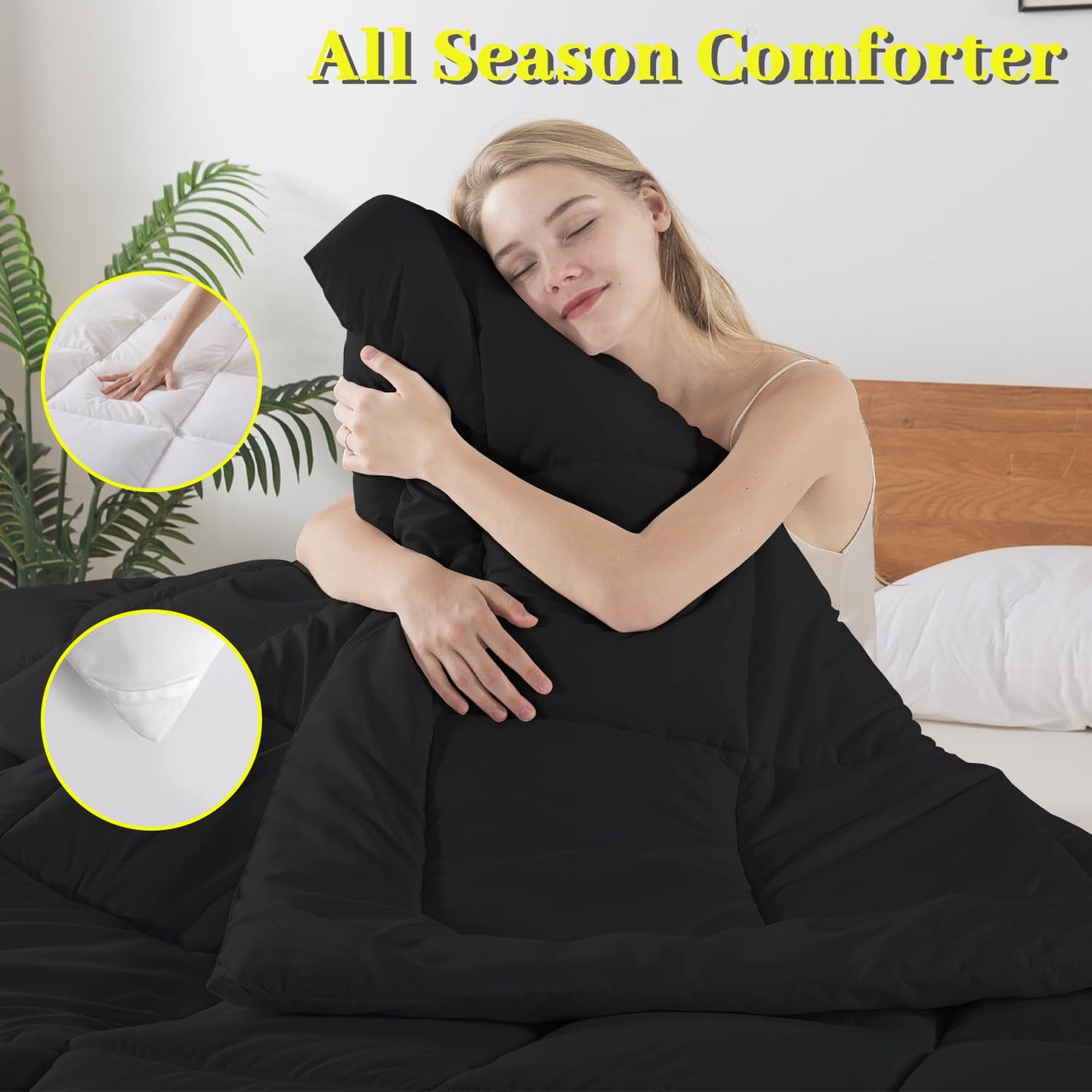 BedTreat Down Alternative Comforter with Corner Tabs - All Season Quilted 240 GSM Black Comforter, Machine Washable Microfiber Bedding