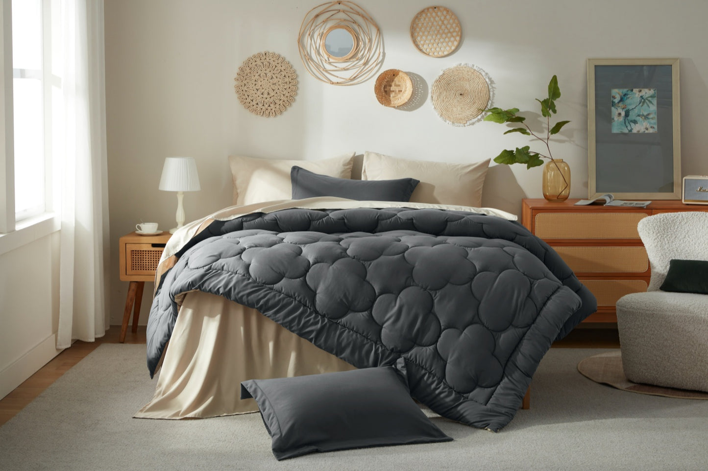 Bedtreat Bedding Comforter Sets，7-Pieces Reversible Bedding Sets，Bed in a Bag with Comforter， Flat Sheet and Fitted Sheet, Pillowcases & Shams，Black/Milky Coffee