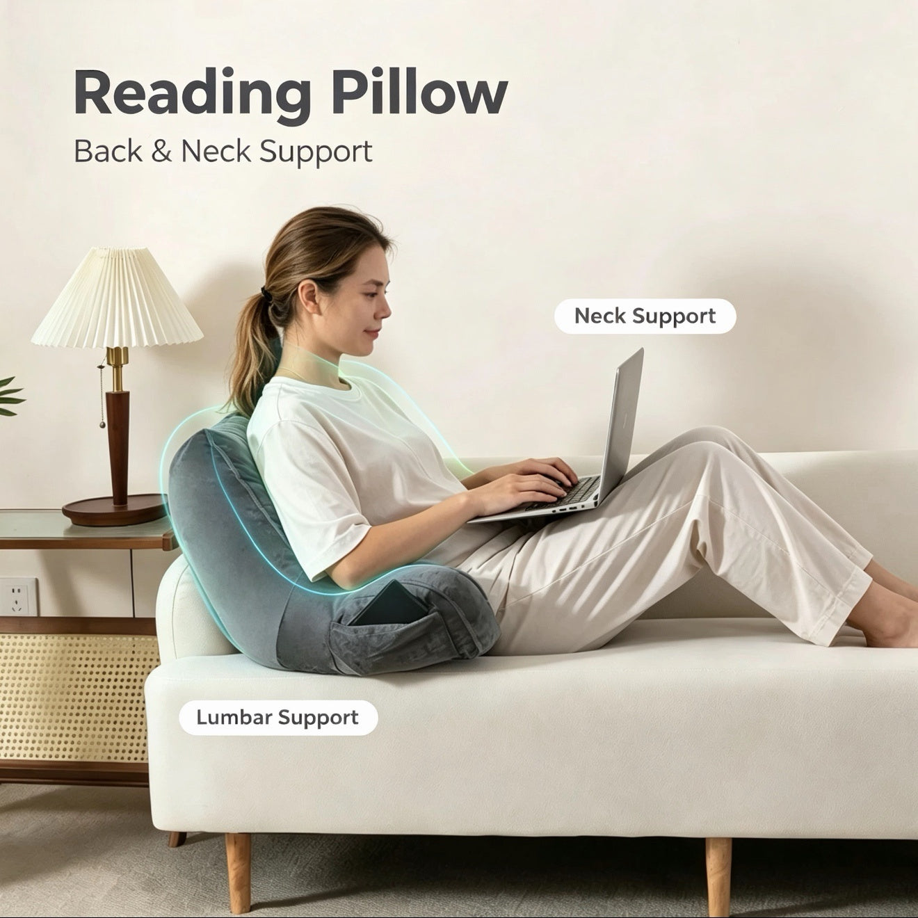 Bedtreat Backrest Reading Pillow, Back Support Pillow with Handrail, Detachable on Both Sides, Specially Designed for Reading and Relaxation（Silver)