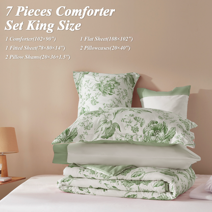 Bedtreat Comforter Sets,7-Pieces Reversible Bedding Sets,Bed in a Bag with Comforter,Flat Sheet and Fitted Sheet,Pillowcases & Shams,Lisse,Tulip Sea