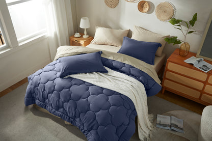 Bedtreat Bedding Comforter Sets，7-Pieces Reversible Bedding Sets，Bed in a Bag with Comforter， Flat Sheet and Fitted Sheet, Pillowcase & Sham，Navy Blue/Milky Coffee