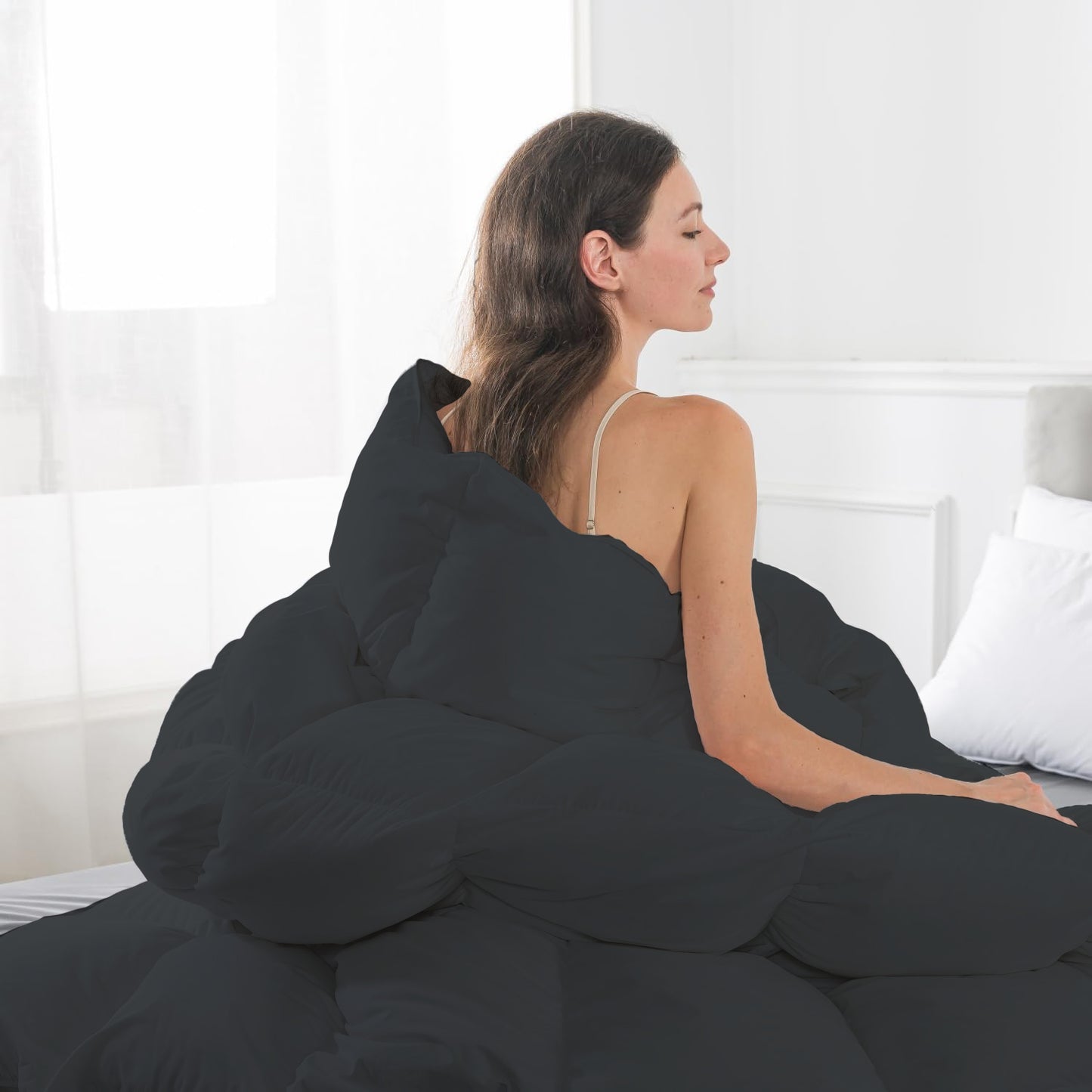 BedTreat Goose Feather Down Comforter, Luxury Hotel Bedding Comforter All Season Duvet Insert, Medium Warmth 100% Cotton Gray Cover with Corner Tabs