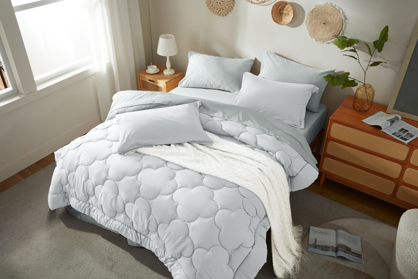 Bedtreat Bedding Comforter Sets，7-Pieces Reversible Bedding Sets，Bed in a Bag with Comforter， Flat Sheet and Fitted Sheet, Pillowcases & Shams，White/Light Gray