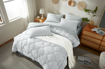 Bedtreat Bedding Comforter Sets，7-Pieces Reversible Bedding Sets，Bed in a Bag with Comforter， Flat Sheet and Fitted Sheet, Pillowcases & Shams，White/Light Gray
