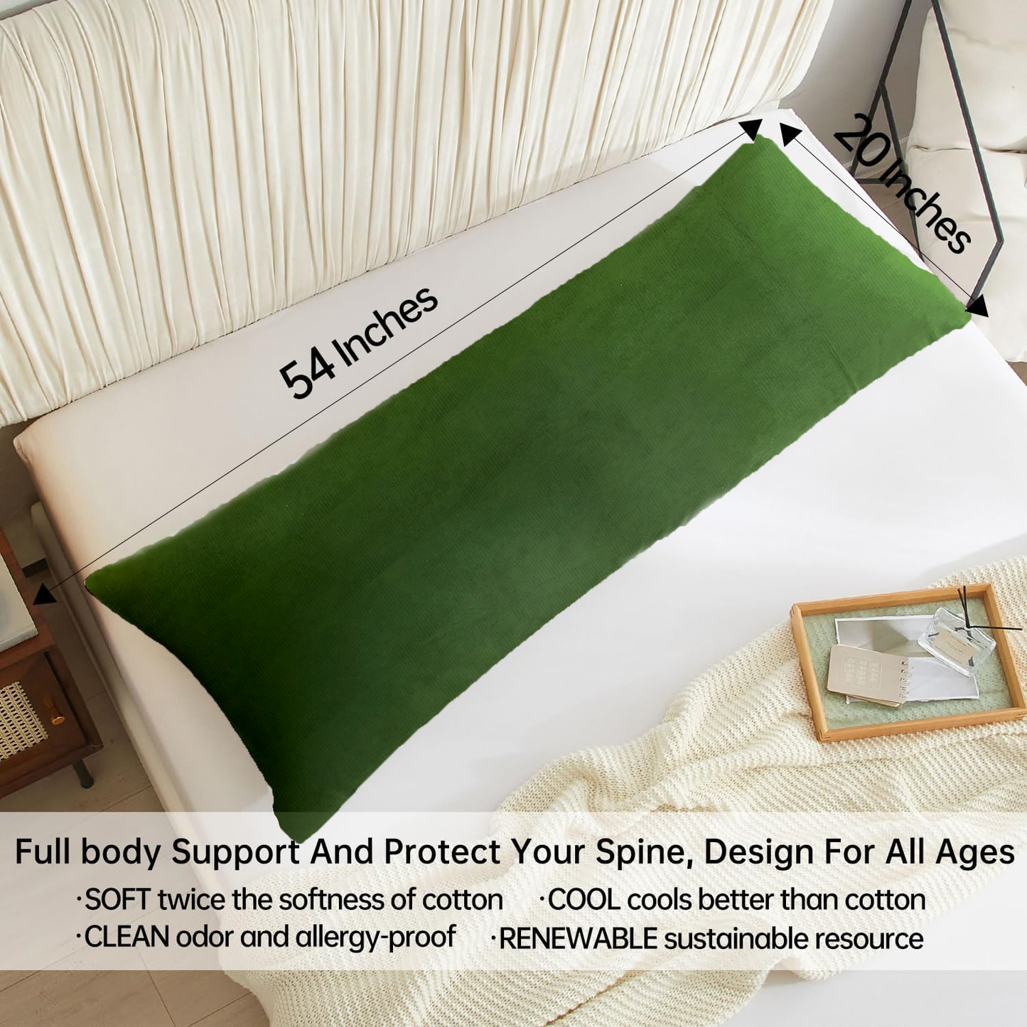 BedTreat Full Body Pillow Insert with Pillowcase for Adults,Long&Fluffy Pillow for Side Sleeper,Soft&Breathable (20X54,Green)