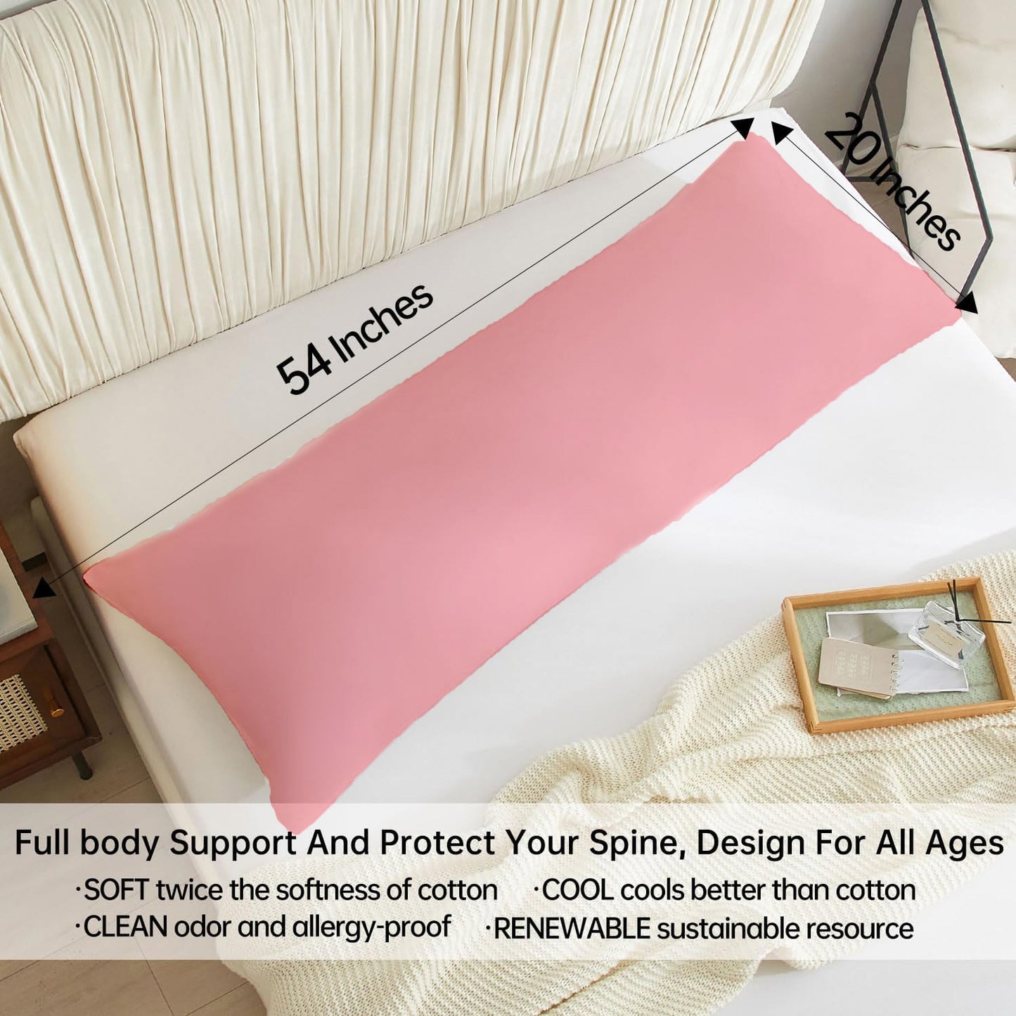 BedTreat Full Body Pillow Insert with Pillowcase for Adults,Long&amp;Fluffy Pillow for Side Sleeper,Soft&amp;Breathable (20X54,Pink)
