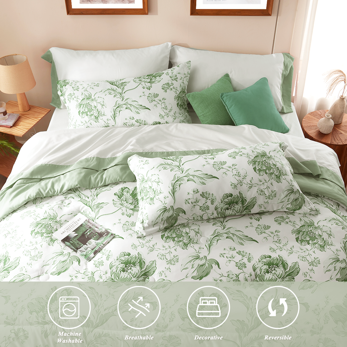 Bedtreat Comforter Sets,7-Pieces Reversible Bedding Sets,Bed in a Bag with Comforter,Flat Sheet and Fitted Sheet,Pillowcases & Shams,Lisse,Tulip Sea