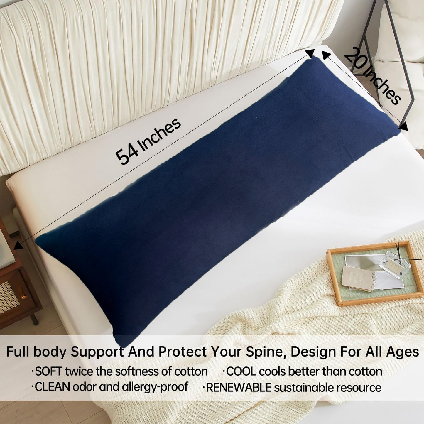 BedTreat Full Body Pillow Insert with Pillowcase for Adults,Long&Fluffy Pillow for Side Sleeper,Soft&Breathable (20X54,Blue)