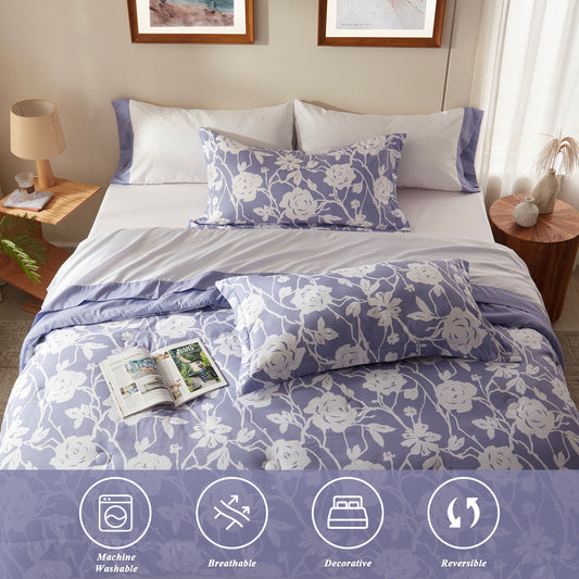 Bedtreat Comforter Sets,7-Pieces Reversible Bedding Sets,Bed in a Bag with Comforter,Flat Sheet and Fitted Sheet,Pillowcases & Shams,Shangri-La,Lavender Icing