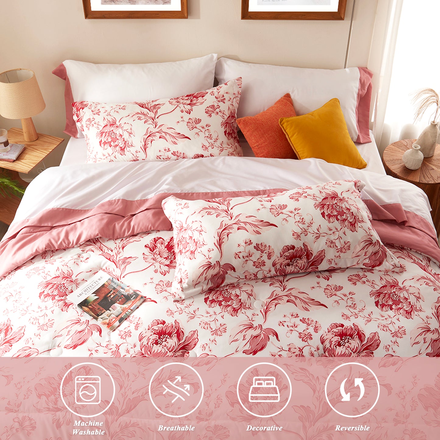 Bedtreat Comforter Sets,7-Pieces Reversible Bedding Sets,Bed in a Bag with Comforter,Flat Sheet and Fitted Sheet,Pillowcases & Shams,Lisse,Mauveglow