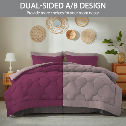 Bedtreat Bedding Comforter Sets，7-Pieces Reversible Bedding Sets，Bed in a Bag with Comforter， Flat Sheet and Fitted Sheet, Pillowcases & Shams，Burnished Lilac/Amaranth