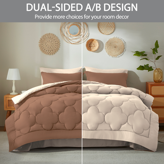 Bedtreat Comforter Sets，7-Pieces Reversible Bedding Sets，Bed in a Bag with Comforter， Flat Sheet and Fitted Sheet, Pillowcases & Shams，Coffee/Sand Dollar